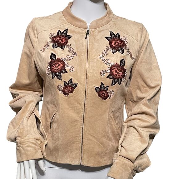 Shyanne Women's Floral Embroidered Faux Suede in Tan Jacket Size XS NEW - Picture 8 of 11